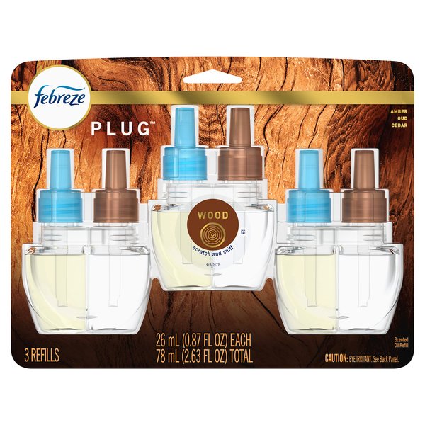 Febreze Origins Fade Defy PLUG Air Freshener & Odor Fighter, Wood, (3) .87 fl. oz. Oil Refills