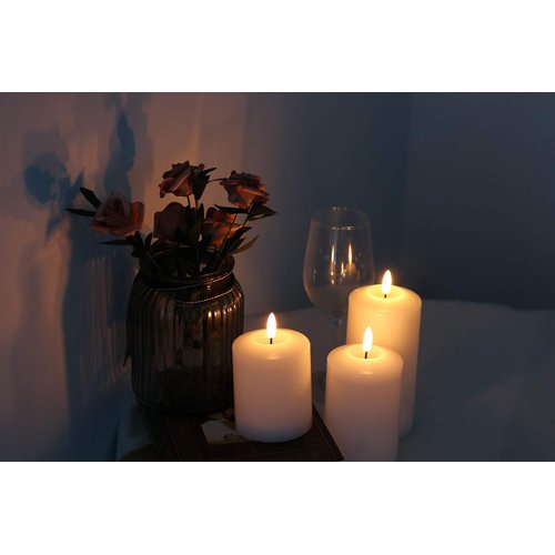 GenSwin 3D Wick Flameless Flickering Candles Battery Operated with Remote Timer, Real Wax Pillar LED Votive Candles Warm Light, Set of 3 Party/Wedding/Home Decor(White, D3” x H4.6” 5.8” 6.8”)
