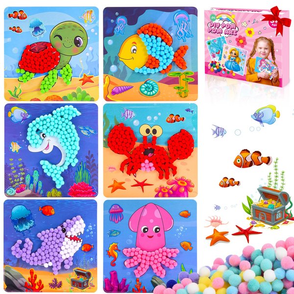 Girls Gifts Pom Pom Crafts 6PCS 7.9-Inch, Pom Pom Art Kit & Crafts for Kids Ages 2-4 4-8 6-8, Toddler Crafts Kits Art Projects, DIY School Supplies Kit, Birthday Christmas Gifts (Ocean Animal Set)