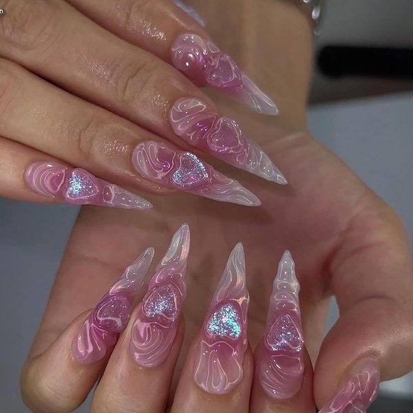 Press on Nails Extra Long Almond Tip Pink 3D Love Heart Design False Nails Artificial Acrylic Nails Pink Smudge Fake Nails 24Pcs Full Cover Reusable Coffin Nails Glue on Nails for Women Kit