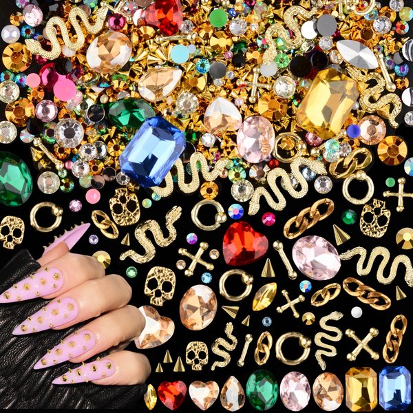 editTime 3D Metal Punk Nail Charms Jewels Kit, 300pcs Alloy Cone Rivet Spike Snake Skull Studs with 9pcs Big Glass Pointed Bottom Rhinestones and 200pcs Flatback Resin Rhinestones (gold)