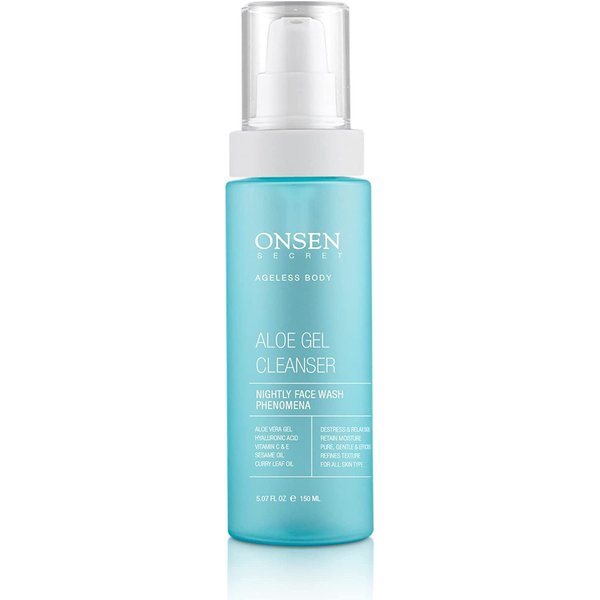Onsen Secret Japanese Aloe Vera Face Wash - Premium Nightly Facial Cleanser for Makeup Removal, Heals Dry & Sensitive Skin, Hyaluronic Acid, Curry Leaf Oil, Vitamin C & E, Gel Cleanser