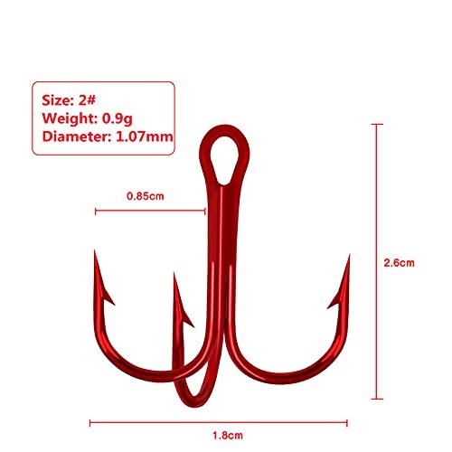 50pcs/Box Red Treble Hooks, High Carbon Steel Fishing Hooks Kit, Sharp & Round Bend Fishing Treble Hooks for Catfish Lures Baits Bass Size #2#4#6#8#10 Fishing Accessories and Equipment