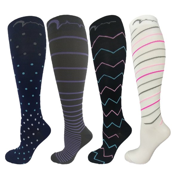 4 Pair Extra Soft Small/Medium Colorful Compression Socks, Moderate/Medium Graduated Compression 15-20 mmHg, For Men and Women. Therapeutic, Occupational, Travel & Flight Knee-High Hosiery