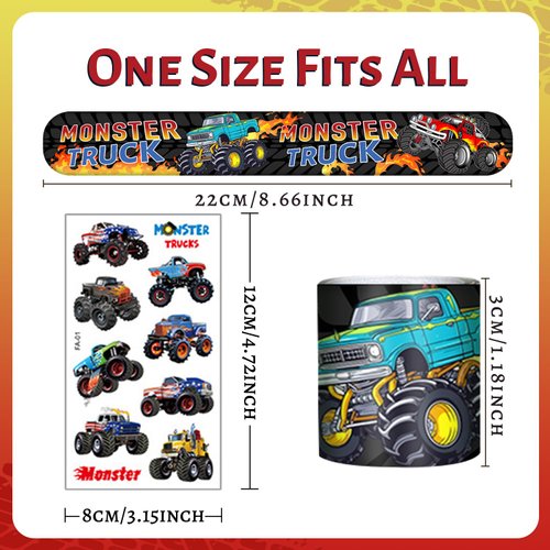 YYMYMGJ Monster Truck Party Favors 24 Pcs Monster Truck Slap Bracelets 80 Pcs Monster Truck Tattoos Monster Truck Birthdays Party Supplies Decorations Gifts for Kids Boys Classroom Rewards