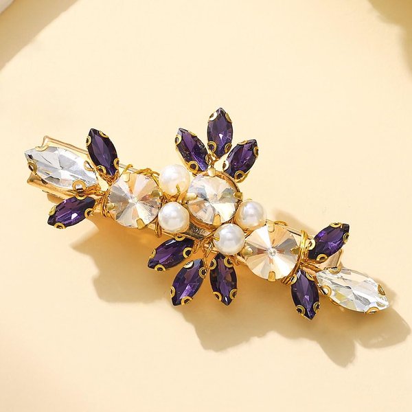 Catery Purple Crystal Hair Clip Gold Rhinestone Hair Barrette Pearl Wedding Hair Piece for Women