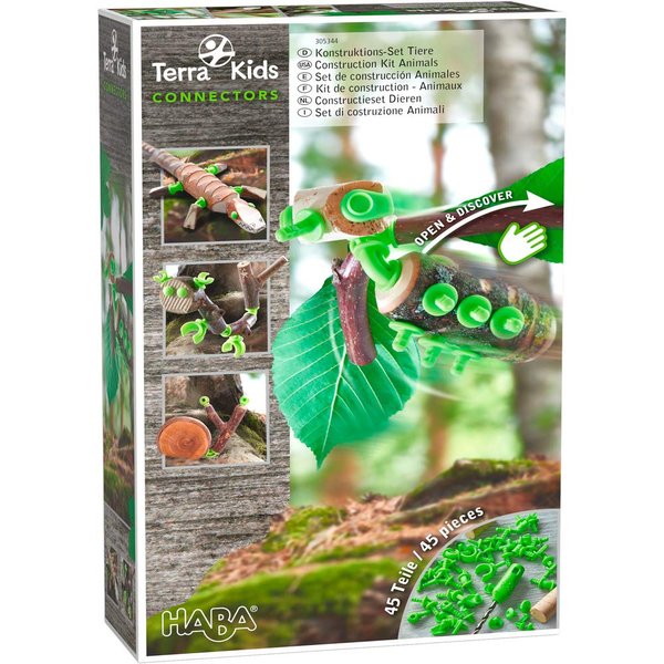 HABA Terra Kids Connectors Backyard Craft Kit Animals - 45 Piece Set with Plastic Connecrtors, Cork & Hand Drill - Add Wood from Nature - Ages 8+