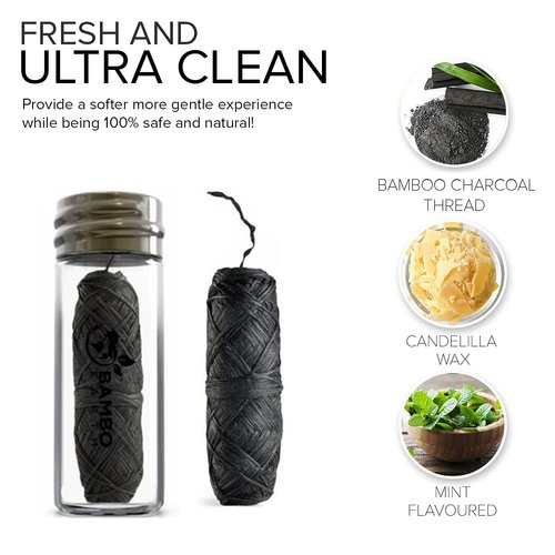 Biodegradable Mint Dental Tooth Lace Floss With Refillable & Reusable Glass Holder - 100% Organic Natural and Compostable Teeth Bamboo Charcoal Spool Waxed With Candelilla Wax & Eco-Friendly Packaging