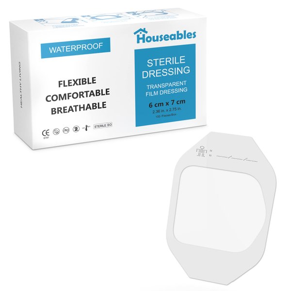 Houseables Waterproof Bandages Film, Transparent Dressing, Skin Shield Patches, 2 3/8 x2 3/4 Inch, Clear, Box of 100, Wound Cover Bandage, Adhesive Dressings Pad for Swimming, Post Surgical, Shower