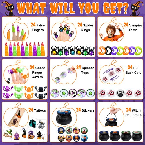 216PCS Halloween Party Favors 24 Pack Prefilled Small Plastic Witch Cauldron Halloween Toys Bulk Halloween Goodie Bag Fillers Halloween Miniatures Classroom Favors Trick or Treat Toy Halloween Prizes