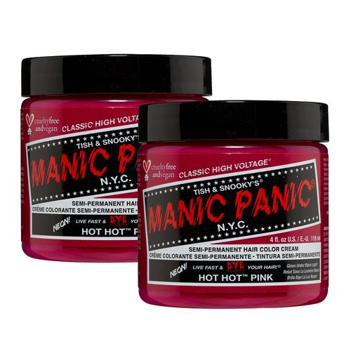 MANIC PANIC Hot Hot Pink Hair Dye – Classic High Voltage - (2PK) Semi Permanent Hair Color - Medium Pink - Glows in Blacklight – For Dark & Light Hair - Vegan, PPD & Ammonia Free - For Coloring Hair