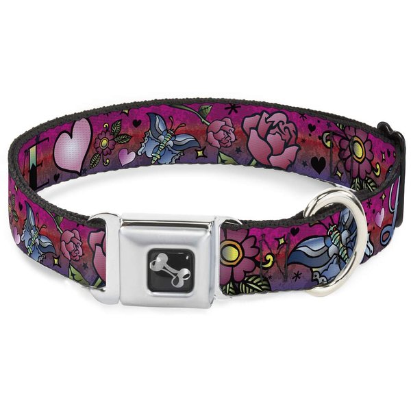 Dog Collar Seatbelt Buckle Love Love Pink 15 to 26 Inches 1.0 Inch Wide, DC-W31213-L