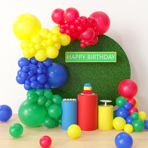 HYOWCHI Cartoon Friends Birthday Party Supplies - 124 Pcs Cartoon Theme Balloon Garland Arch Kit, Red Blue Yellow Green Latex Balloon Arch For Friends Inspired Birthday Party Decorations