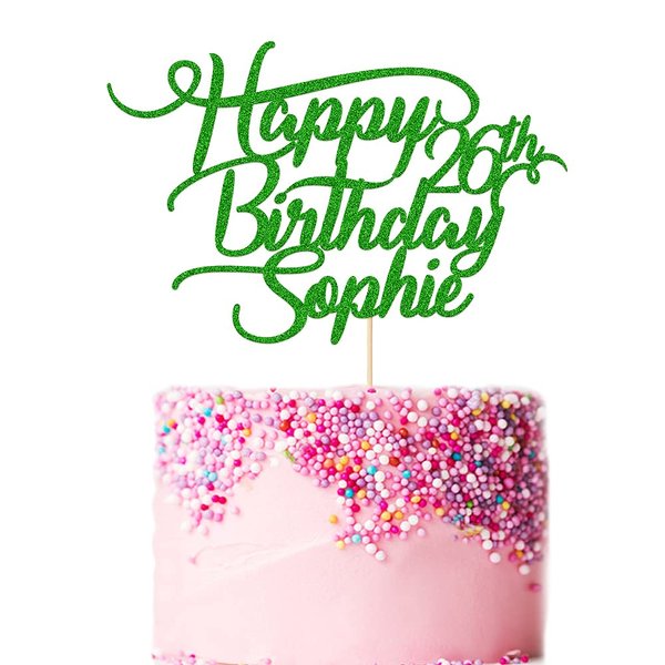 Personalised Birthday Cake Topper Customized Any Name Age Party Cake Decoration 16 18 21 30 40 Double Sided Glitter Card Green