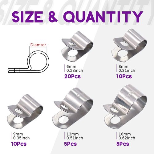 Swpeet 50Pcs 304 Stainless Steel 6mm-16mm Vinyl Coated Cable Clamps Assortment Kit, Without Rubber Cushioned Insulated Clamp, Metal Clamp, Tube Holder for Tube, Pipe or Wire Cord Installation