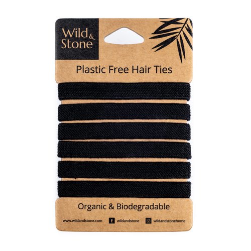 Wild & Stone | Pack of 6 Hair Bands | 100% Biodegradable and Plastic-Free Elastic Hair Ties | 100% Organic Cotton and Natural Plant-Based Rubber | No Crease Ponytail Holder (Black)