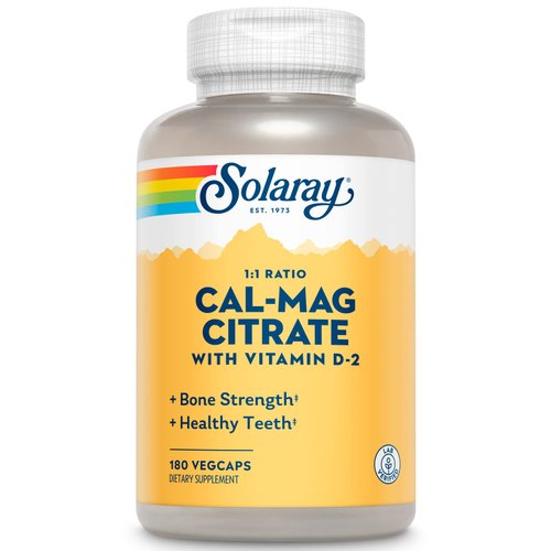 SOLARAY Calcium & Magnesium Citrate with Vitamin D-2, 1:1 Ratio for Healthy Bones, Teeth, Muscle & Nervous System Function High Absorption 180 Count