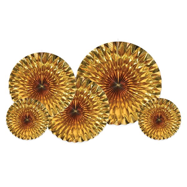 Beistle 5 Piece Metallic Foil Hanging Fans for Birthday Party, Anniversary Celebration, Bridal Shower, Happy New Year's Eve Decorations, 9" - 16.5", Gold