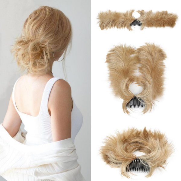 WHAUD Messy Bun Hair Piece Side Comb Clip in Hair Bun Tousled Updo Hairpiece for Women Short Natural Wavy Adjustable Versatile Tousled Updo Easy wear Faux Hair Bun (Ash Blonde mix Bleach Blonde)