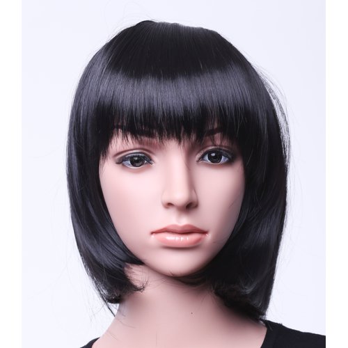 SWACC 11” Women Short Straight Synthetic Bob Wig Candy color Cosplay Wig Anime Costume hairpiece for Party with Wig Cap (Black-11)