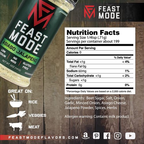 Asiago Jalapeno - Feast Mode Flavors - Low Sodium, No MSG, Gluten Free, All Natural, Meal Prep Seasoning , Healthy , Asiago Cheese Powder , Jalapeno Flakes