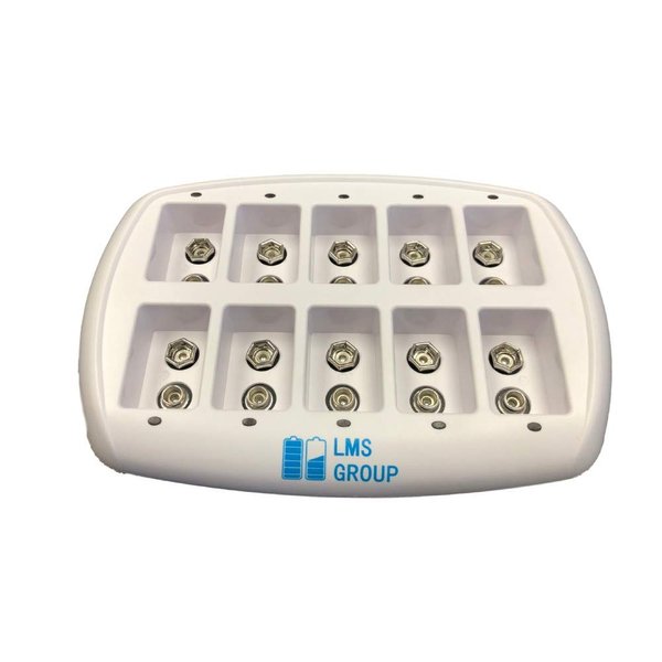 LMS 10-Bay 9V Smart Battery Charger Universal Maintenance Station for 10pcs. NiMH 9 Volt Rechargeable Batteries (Overcharge Protection, Trickle Charge When Full)
