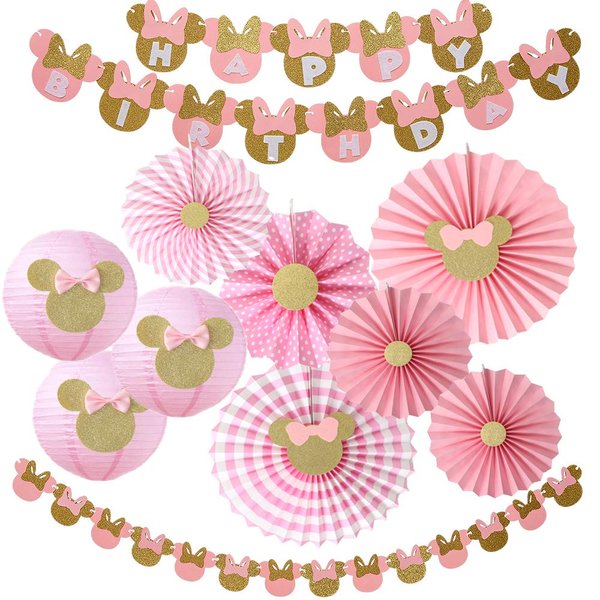 11pcs Minnie Birthday Party Decor Supplies, Girls 1st 2nd 3rd Birthday Supplies,Minnie Happy Birthday Banner, Minnie Garland, Minnie Paper Lanterns, Pink and Gold Minnie Paper Fans