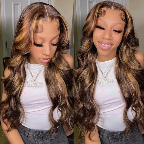 Ombre Highlight Lace Front Wigs Human Hair Body Wave Colored 4/27 Honey Blonde 13x6 Lace Frontal Human Hair Wigs for Women 180% Density Balayage Highlight Honey Blonde Lace Front Human Hair Wig 28Inch