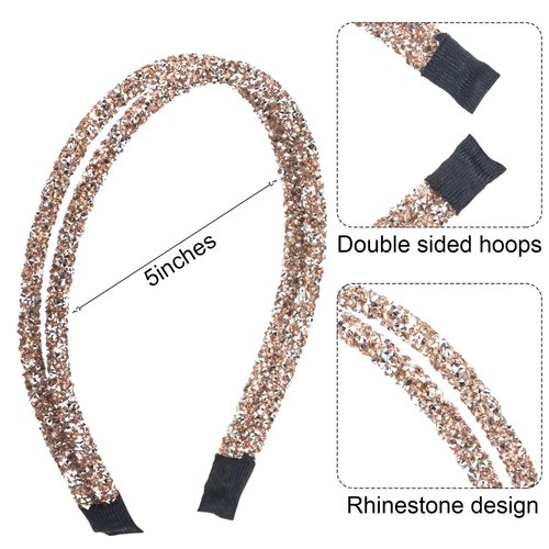 PAGOW 3pcs Double Crystal Side Hair Band, Rhinestone Diamond Vintage Turban Thin Hair Bands Hair Hoops Accessories for Women Girls (Black + Silver + Champagne )