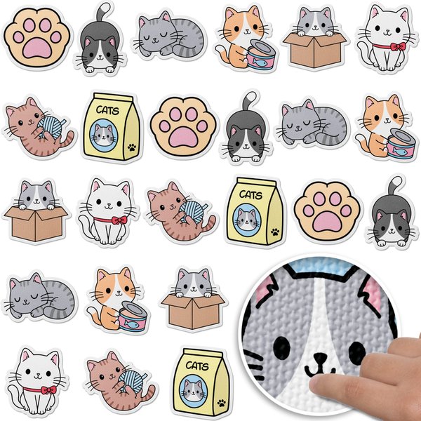 Fidget Stickers Anxiety Sensory Stickers Textured Strips and Cute Designs for Classroom Desks and Special Needs with Reusable Adhesive 3 inches (Set of 24) Cute Cats