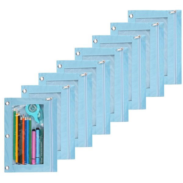 Zippered Pen Pencil Binder Pouch 3 Rings with Clear Window for School Classroom Organizers 8 Pcs (Light Blue)