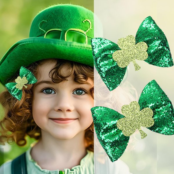 2Pcs St. Patrick's Day Hair Bow Clips Green Glitter Shamrock Hair Clip Sparkly Clover Hair Accessories for Girls Baby Women Alligator Clip Non-slip St. Patrick's Day Party Gift