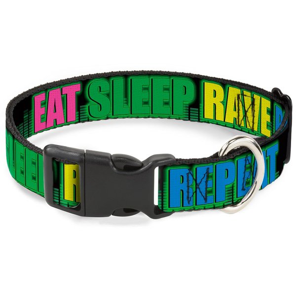 Plastic Clip Collar - EAT Sleep Rave Repeat Black Multi Neon - Narrow-Small 6-9"