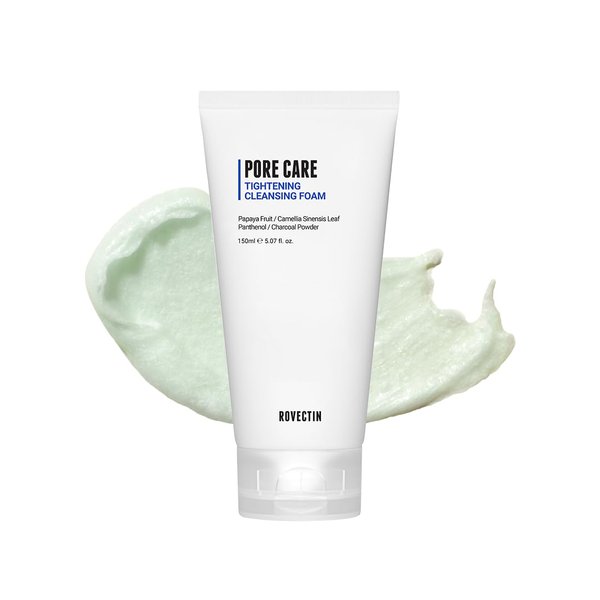 ROVECTIN Pore Tightening Cleansing Foam | Green Papaya, Glycerin, Charcoal Powder, AHA/BHA/PHA for Refining Pore Size, Non-Irritating | Oily, Dull Skin | Vegan (5.07 fl. oz.,150 ml)