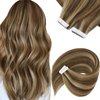 Sunny Brown Tape in Hair Extensions Human Hair Highlight Hair Tape ins Extensions Dark Brown Highlights Caramel Blonde Invisible Tape in Hair Extensions Long Hair Extensions 50g 20pcs 24inch