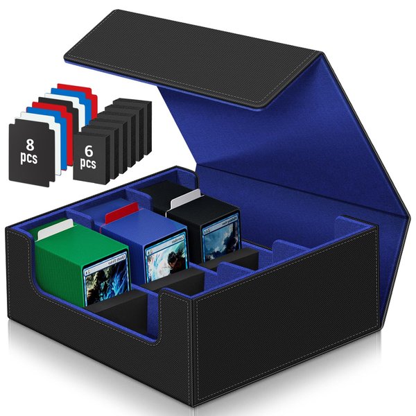 Lalasu Card Deck Box for Trading Cards, 1800+ Trading Card Storage Case, PU Leather Magnetic Closure Commander Deck Fit for YuGiOh, MTG and Sport TCG Gift for Card Collector (Black&Blue)