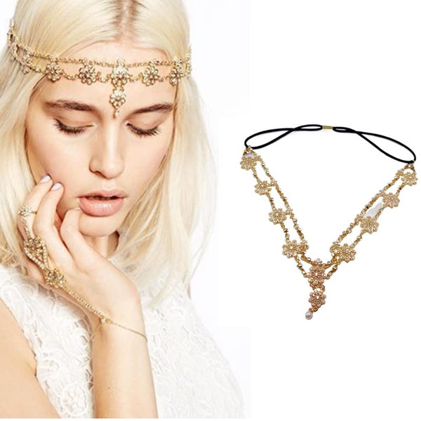 Crystal Bridal Wedding Head Chains, Bohemian Rhinestone Diamond Jewelry Forehead Headpiece with Drop Pendant air Decoration for Women Girls (Gold)