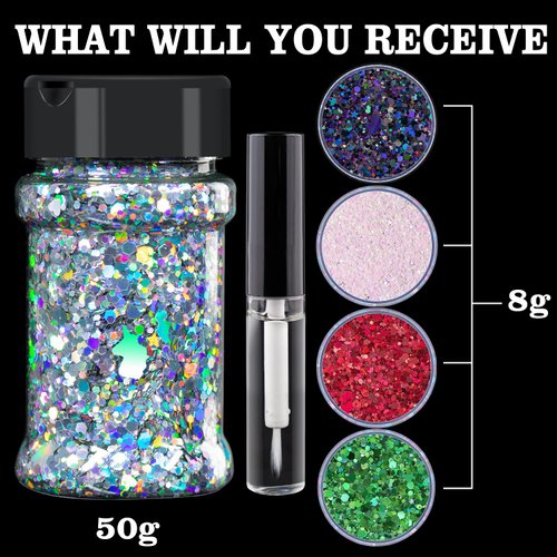Holographic Chunky Glitter 50g Silver+8g*4 Body Glitter with Multi-Shapes Black+Pink&White+Red+Green Sparkle Glitter for Body Face Eye Hair Makeup Glitter for Resin Project+Quick Dry Makeup Glue