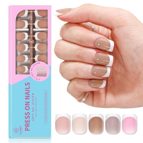 Yilamo French Gel Nail Tips - French Tip Press on Nails Pink Extra Short Square 300Pcs Five Colors 15 Sizes Fake Nails