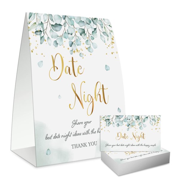 WideIdeal 51Pcs Date Night Sign with Cards, Bridal Shower Wedding Eucalyptus Share Card Party Decorations Kit (1 Sign + 50 Cards) WI06