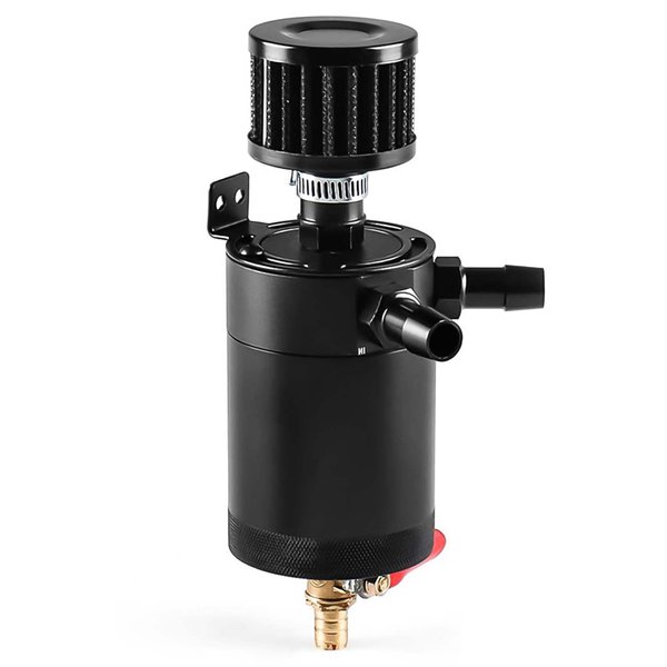 Universal Baffled Oil Catch Can with Breather Filter and Drain Valve 2 Ports (oulet + inlet),150ml Billet Aluminum Oil Separator Catch Can Oil Reservoir Tank,4 Adapters/Screws/Washers Included,Black