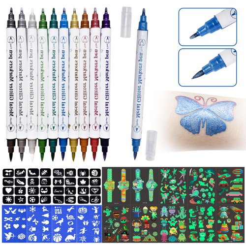 Temporary Tattoos Colorful Metallic Markers Set, 72 Paint Stencils + 10 Sheet Glow Tattoos Stickers, Easter Gifts Tattoo Stencil Stuff for Girls Boys Teens Kids Glow Party Supplies