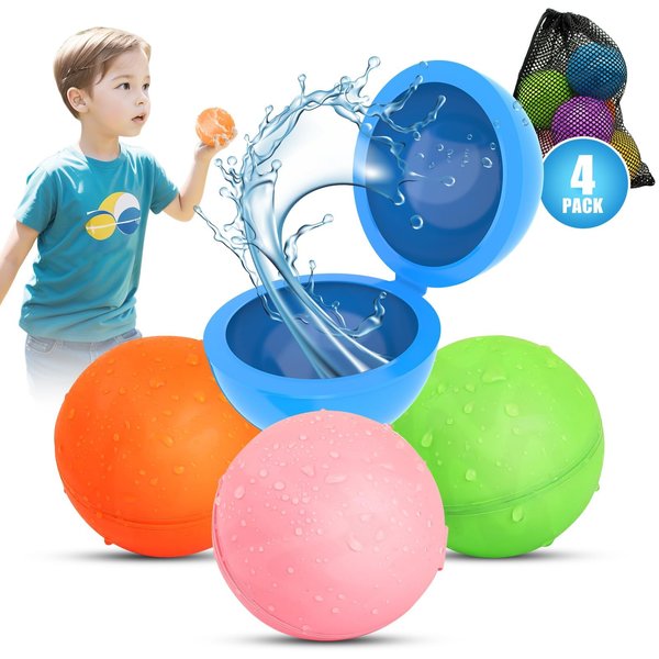 Tizikcon 4PCS Magnetic Reusable Water Balloons for Kids Outdoor Activities, Refillable Latex-free Pool Beach Bath Toys, Self Sealing Water Bombs Splash Balls Quick Fill for Summer Games