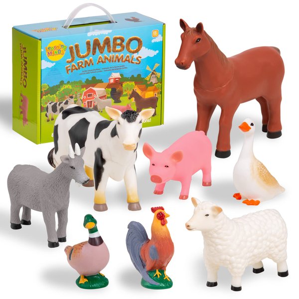 Learning Minds Set of 8 Jumbo Farm Animal Figures - Farm Animals for 1, 2, 3 Year Olds - Toy Animals for Kids Age 18 Months Plus - Toys for 1 Year Old Boys