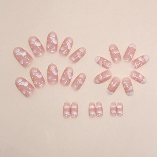 Almond Press on Nails Medium Fake Nails White Clouds Acrylic False Nails Press Ons WIth Stars Moon Designs Full Cover Glue on Nails Stick on Nails for Women Girls Manicure Art 24 Pcs