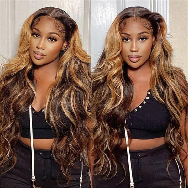 Wiggins Ombre Highlight Lace Front Wig Human Hair P4/27 Body Wave Honey Blonde Lace Front Wig Human Hair 5x5 Ombre Closure Wig Human Hair Wigs For Black Women 100% Virgin Human Hair 18 Inch