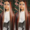 Ginger Blonde Highlight Lace Front Wigs Human Hair Skunk Stripe 13x4 Lace Frontal Wig Straight Black Ginger and Blonde Ombre Colored Wigs Glueluess Human Hair 22 Inch 180% Density Pre Plucked
