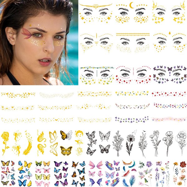 JEEFONNA 60 Sheets Face Temporary Tattoos, Metallic Fake Tattoos for Women, Men, Kids, Waterproof, Festival, Cosplay, Halloween