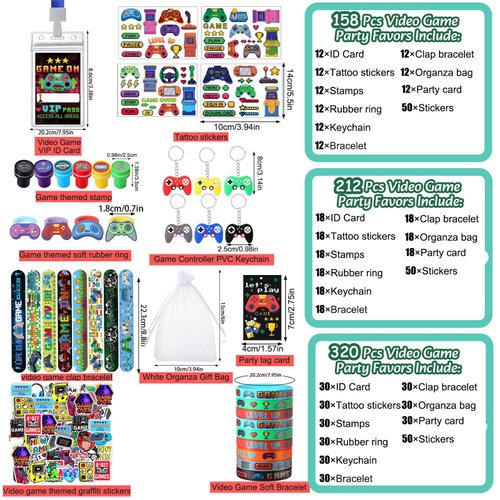 RoundFunny 212 Pcs Video Game Party Favors Birthday Supplies for Kids Rings Finger Lights Badge Keychain Bracelet Sticker Tattoo Stamper Bag Wristband for Kids Gamer Party Bag Rewards Gift