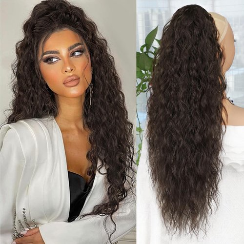 ALXNAN Clip on Ponytails Claw Clip Ponytail Extensions for Women Long Dark Brown Curly Wavy Ponytail Extension Fluffy Synthetic Hairpiece for Daily Party Use 26 Inch